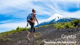  Presentation with volcano - PPT layouts with young-woman-hiker-walks background and a tawny brown colored foreground