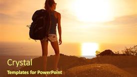  Presentation with backpack - Presentation design with young-woman-hiker-with-backpack background and a tawny brown colored foreground
