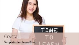  Presentation with learn - Slide deck consisting of young woman hold with blackboard showing phrase of time to learn background and a soft green colored foreground