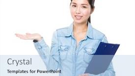  Presentation with hold hand - Cool new slide deck with young woman hold with clipboard and open hand palm backdrop and a light blue colored foreground