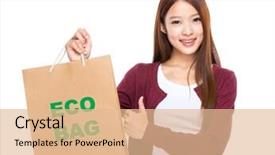  Presentation with eco bag - Colorful PPT theme enhanced with young woman hold with shopping bag and thumb up for showing eco bag backdrop and a lemonade colored foreground