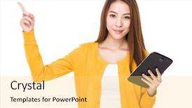  Presentation with finger point - Slide deck with young woman hold with tablet and finger point up background and a yellow colored foreground