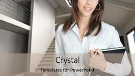  Presentation with cutout paper people standing around globe holding hands - PPT theme consisting of young woman holding a book standing on a home interior background and a mint green colored foreground