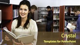  Presentation with customers - Cool new theme with young woman holding a book backdrop and a tawny brown colored foreground
