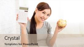  Presentation with piggy bank is evil - Beautiful theme featuring young woman holding a calculator and piggy bank backdrop and a soft green colored foreground
