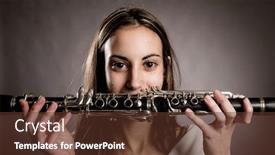  Presentation with clarinet - Presentation design consisting of young woman holding a clarinet on a gray background background and a tawny brown colored foreground