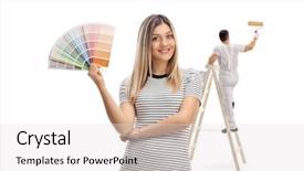  Presentation with color - Slide deck having young woman holding a color background and a light gray colored foreground