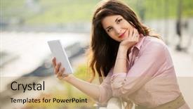  Presentation with hands holding black tablet - Audience pleasing PPT layouts consisting of young woman holding a digital backdrop and a coral colored foreground