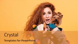  Presentation with orange - Slide set with young woman holding a dog background and a  colored foreground