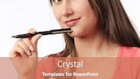  Presentation with pen - Colorful PPT theme enhanced with young-woman-holding-a-filofax backdrop and a coral colored foreground