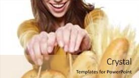  Presentation with grocery bag - Audience pleasing theme consisting of young woman holding a grocery bag full of bread backdrop and a yellow colored foreground