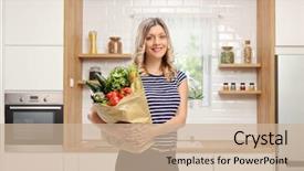  Presentation with grocery bag - Presentation theme with young woman holding a grocery background and a soft green colored foreground