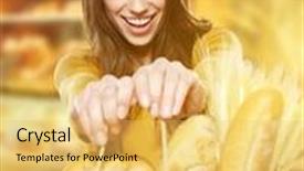  Presentation with grocery bag - PPT theme having young woman holding a grocery bag full of bread background and a yellow colored foreground
