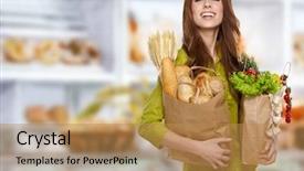  Presentation with grocery bag - Audience pleasing slides consisting of young woman holding a grocery backdrop and a coral colored foreground