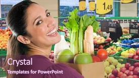  Presentation with grocery bag - Amazing PPT theme having young woman holding a grocery backdrop and a tawny brown colored foreground