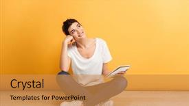  Presentation with holding on to a dream in a changing world - Slide set with young woman holding a notebook background and a  colored foreground