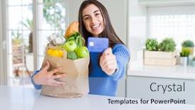  Presentation with payment - Presentation theme featuring young woman holding a paper bag full of fresh groceries and showing credit card as payment metod background and a light blue colored foreground