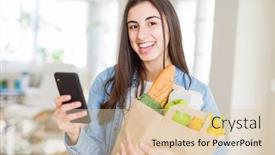  Presentation with smartphone app - PPT theme consisting of young woman holding a paper bag full of fresh groceries and using smartphone app for supermarket delivery background and a lemonade colored foreground