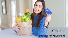  Presentation with payment - Slide deck consisting of young woman holding a paper bag full of fresh groceries and showing credit card as payment metod background and a teal colored foreground