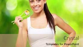  Presentation with chopsticks - Slides consisting of young woman holding a piece of sushi with chopsticks against a nature background background and a coral colored foreground