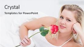  Presentation with pink rose - Amazing PPT layouts having young woman holding a pink rose while lying on her bed backdrop and a white colored foreground