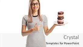  Presentation with donuts - Colorful slide set enhanced with young-woman-holding-a-plate backdrop and a light gray colored foreground