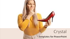  Presentation with shoe - Presentation theme having young-woman-holding-a-red background and a yellow colored foreground
