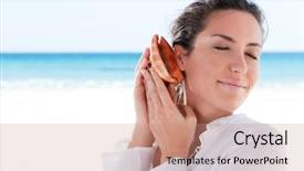 Presentation with shell - Amazing slide deck having young woman holding a shell backdrop and a  colored foreground