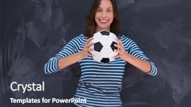  Presentation with chalk board - Presentation theme having young woman holding a soccer background and a  colored foreground
