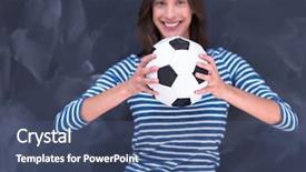  Presentation with sports management coach drawing soccer - Presentation theme having young woman holding a soccer background and a  colored foreground
