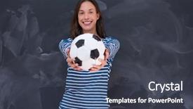  Presentation with sports management coach drawing soccer - Cool new slide deck with young woman holding a soccer backdrop and a  colored foreground