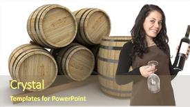  Presentation with barrels - Cool new slides with young woman holding a wine bottle and two glasses with wine barrels at the background backdrop and a violet colored foreground