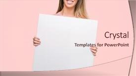  Presentation with advertising - Presentation design featuring young woman holding advertising banner background and a  colored foreground