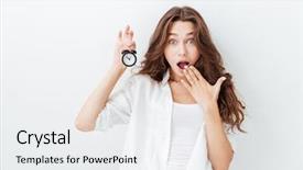  Presentation with alarm - Cool new slide set with young woman holding alarm clock backdrop and a white colored foreground