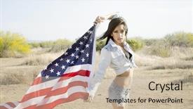  Presentation with beautiful young woman getting face - Cool new theme with young woman holding american flag backdrop and a soft green colored foreground
