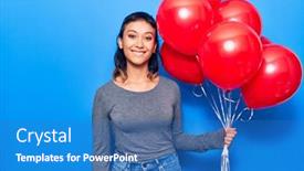  Presentation with balloons - PPT theme having young-woman-holding-balloons-looking background and a teal colored foreground