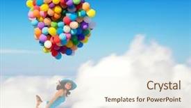  Presentation with freedom - Audience pleasing PPT layouts consisting of young woman holding balloons and old suitcase flying above clouds concept of travel and freedom backdrop and a cream colored foreground