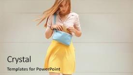  Presentation with light blue - Cool new PPT layouts with young woman holding blue leather backdrop and a soft green colored foreground