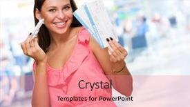  Presentation with airport boarding pass - Beautiful PPT theme featuring young woman holding boarding pass backdrop and a coral colored foreground