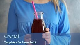  Presentation with smoothie - Audience pleasing theme consisting of young woman holding bottle of beet smoothie closeup backdrop and a ocean colored foreground