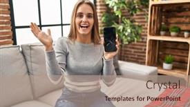  Presentation with smartphone - PPT theme having young-woman-holding-broken-smartphone background and a coral colored foreground