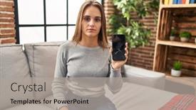  Presentation with smartphone - PPT layouts with young-woman-holding-broken-smartphone background and a light gray colored foreground