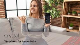  Presentation with smartphone - Presentation with young-woman-holding-broken-smartphone background and a light gray colored foreground