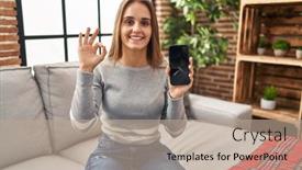  Presentation with smartphone - Slide deck consisting of young-woman-holding-broken-smartphone background and a  colored foreground