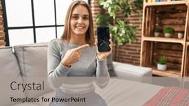  Presentation with cracked - Slides enhanced with young-woman-holding-broken-smartphone background and a light gray colored foreground
