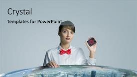  Presentation with recycle - PPT theme having young woman holding card with recycle symbol background and a light gray colored foreground