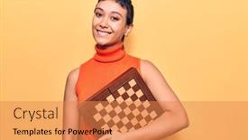  Presentation with chess - Presentation featuring young-woman-holding-chess-looking background and a coral colored foreground