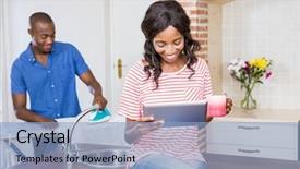  Presentation with ironing - Beautiful presentation theme featuring young woman holding coffee mug and using digital tablet while man ironing clothes in the background backdrop and a light blue colored foreground