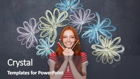  Presentation with happy young student girl holding - Presentation featuring young woman holding colorful pencil background and a dark gray colored foreground