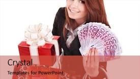 Presentation with euro - Beautiful PPT theme featuring young woman holding euro money backdrop and a red colored foreground